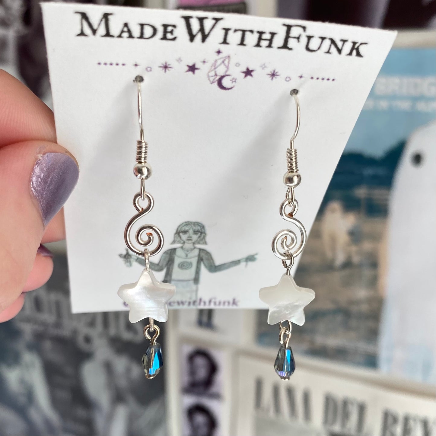 Blue Drop Swirly Star Earrings