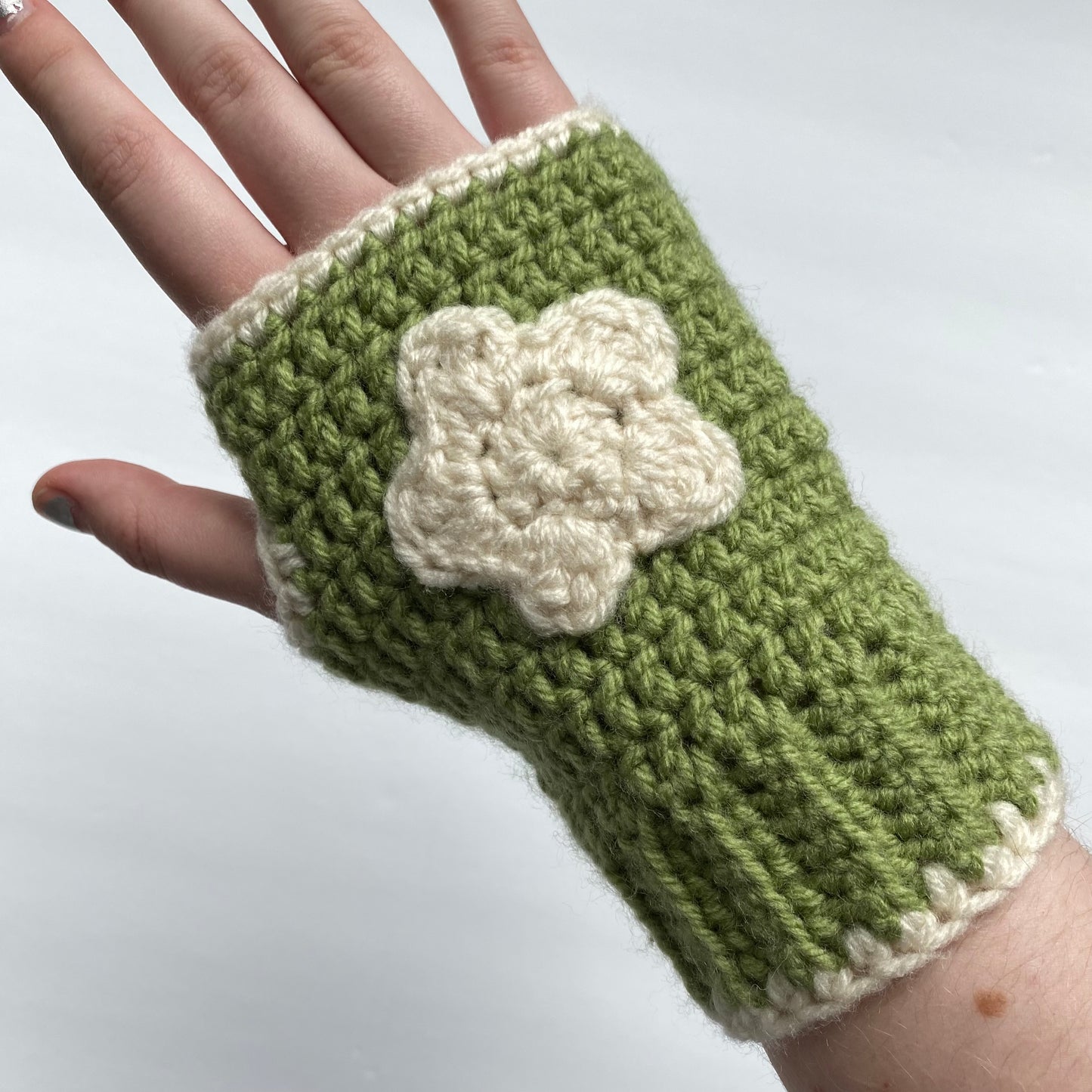 Green Flower Crochet Fingerless Gloves
