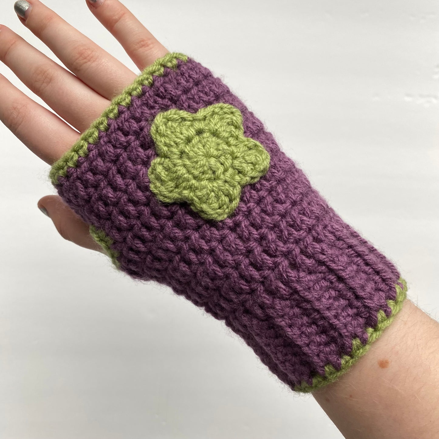 Purple + Green Flower Crochet Fingerless Gloves