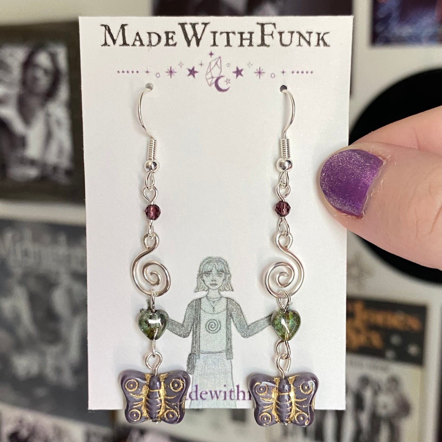 Swirly Purple Butterfly Earrings