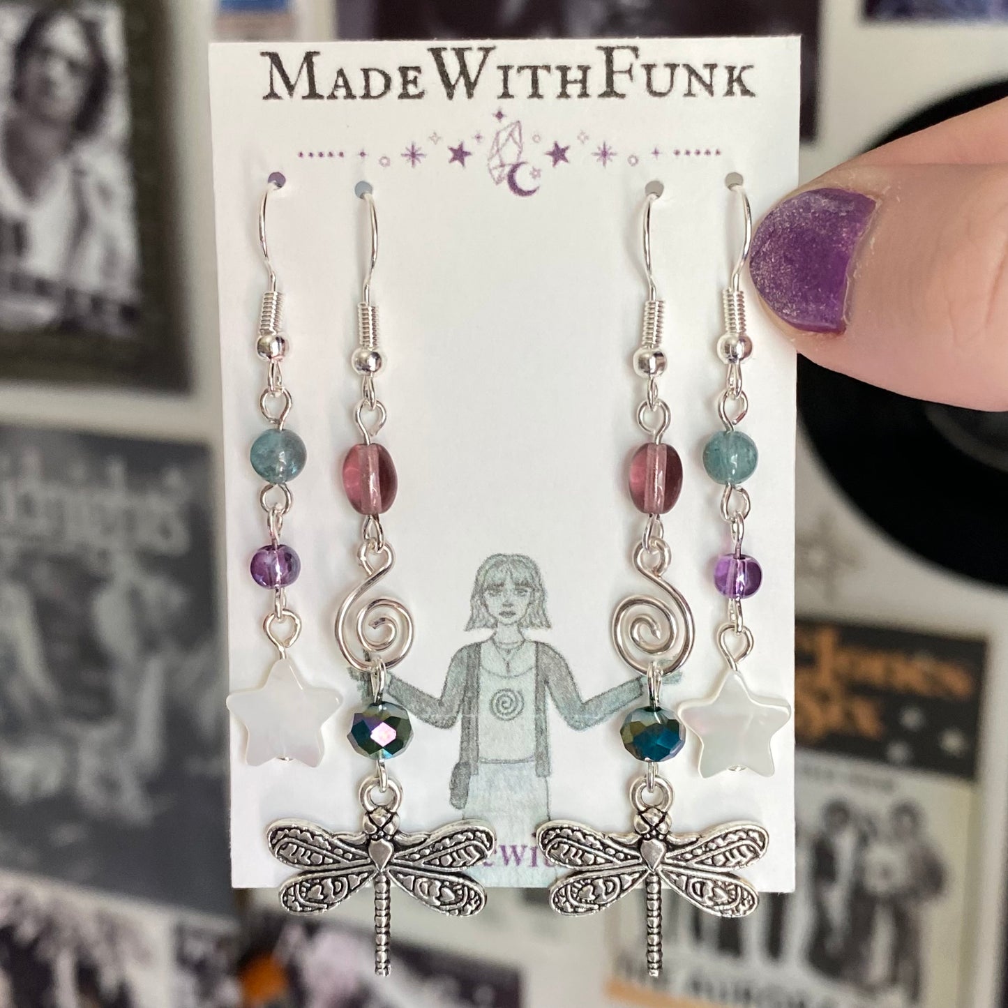 Purple And Green Swirly Dragonfly Star Earring Set