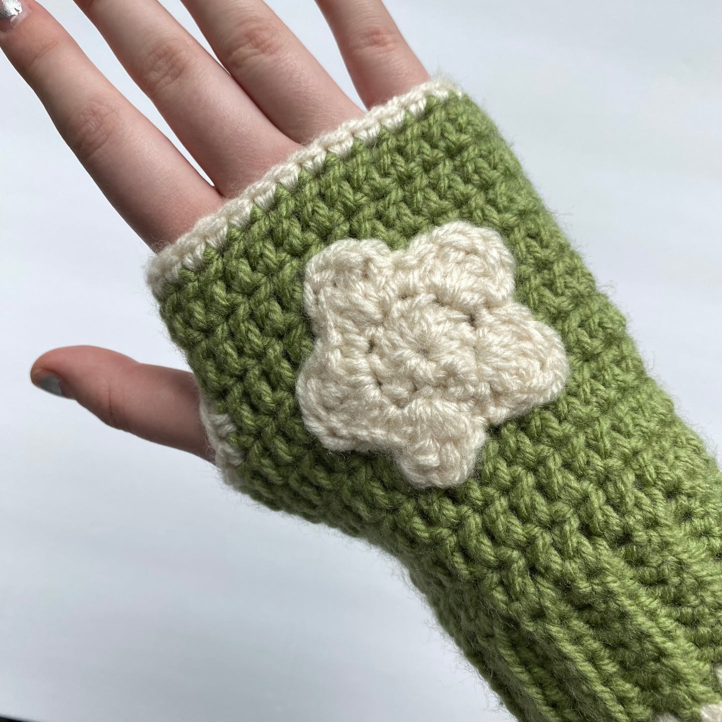 Green Flower Crochet Fingerless Gloves