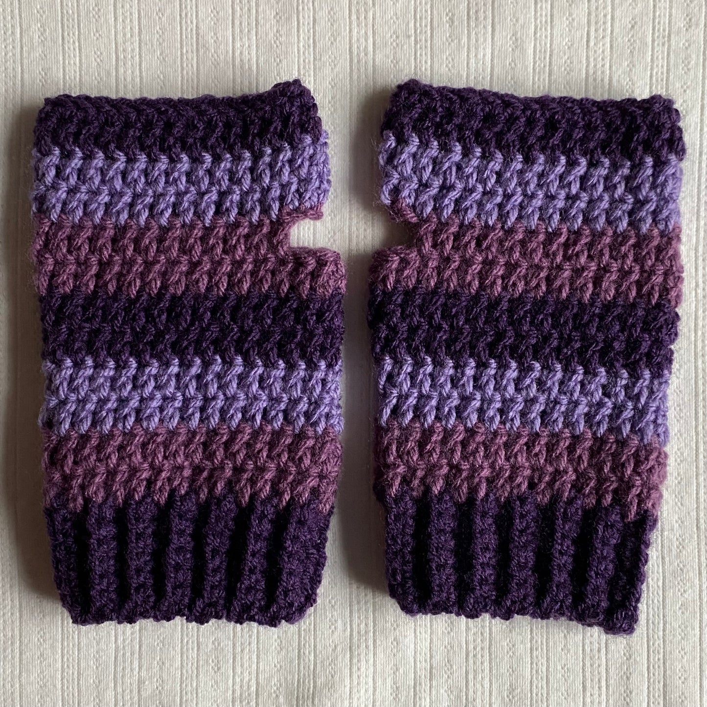 Purple Striped Crochet Fingerless Gloves