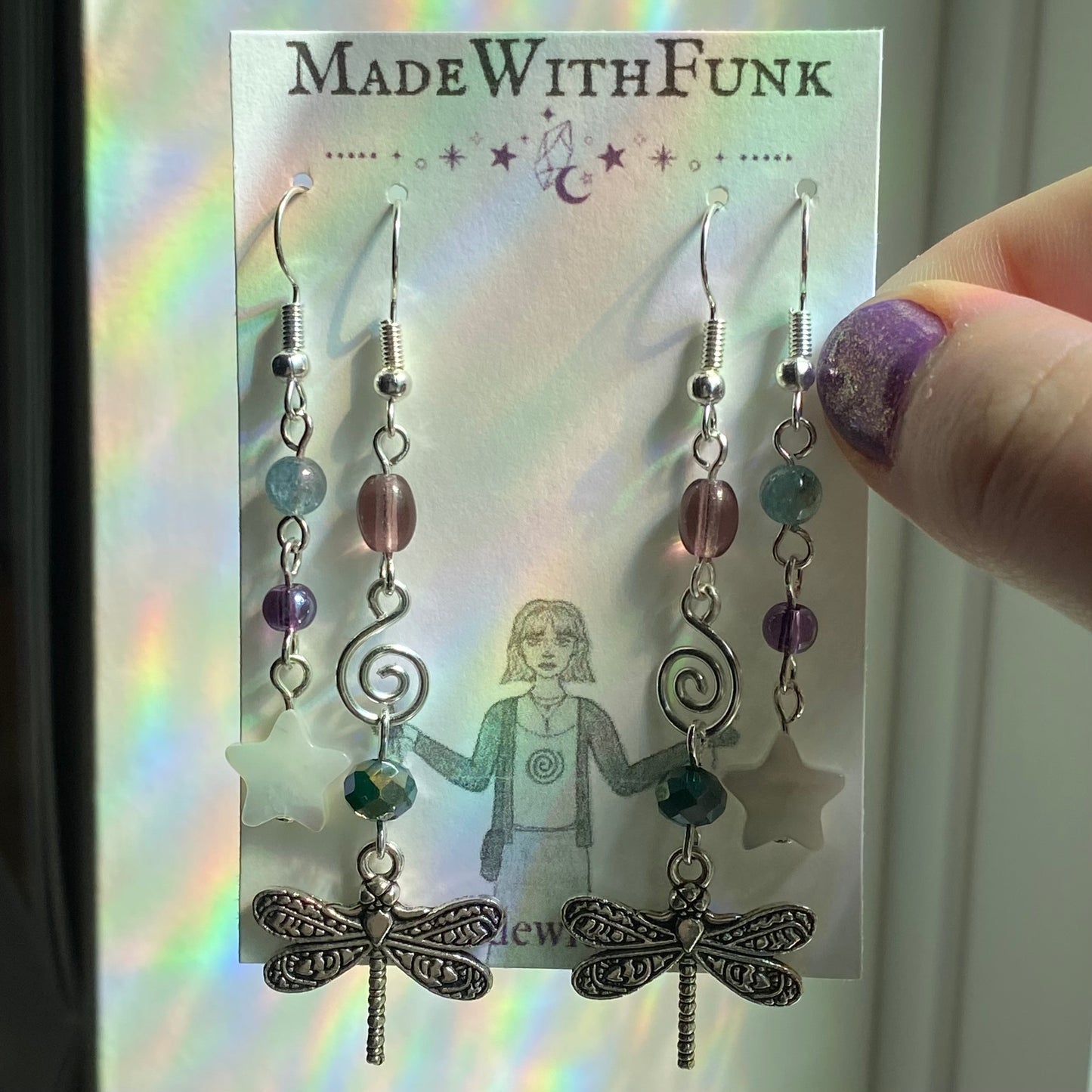 Purple And Green Swirly Dragonfly Star Earring Set