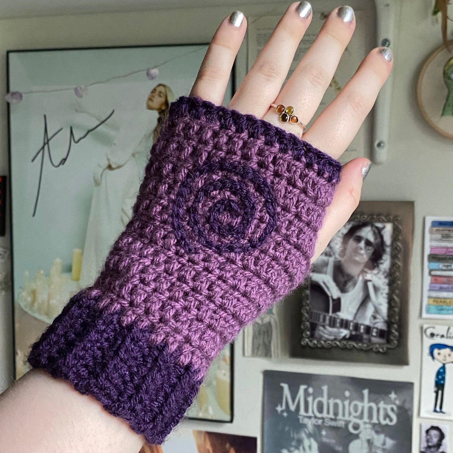 Purple Whimsy Swirl Crochet Fingerless Gloves