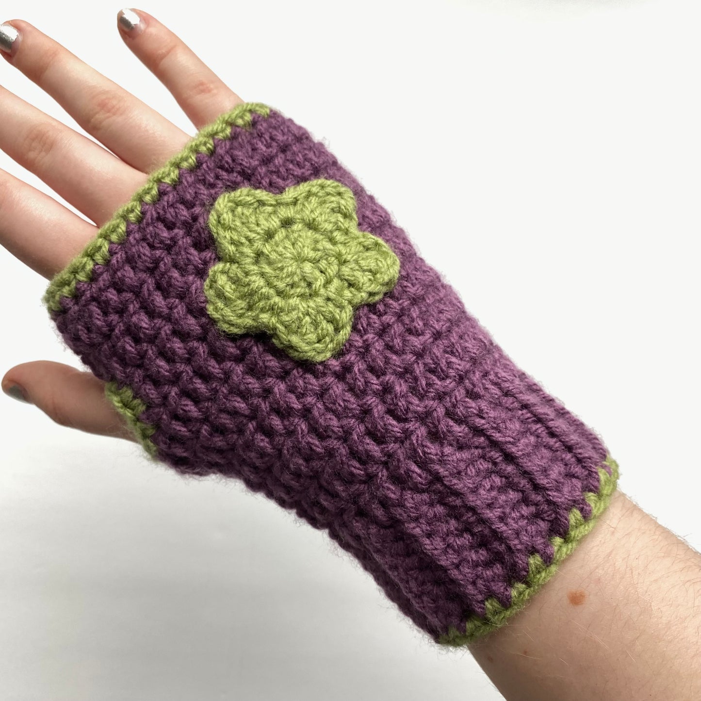 Purple + Green Flower Crochet Fingerless Gloves
