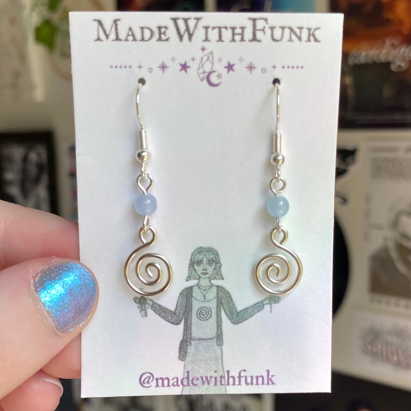 Blue Drop Wire Spiral Earrings