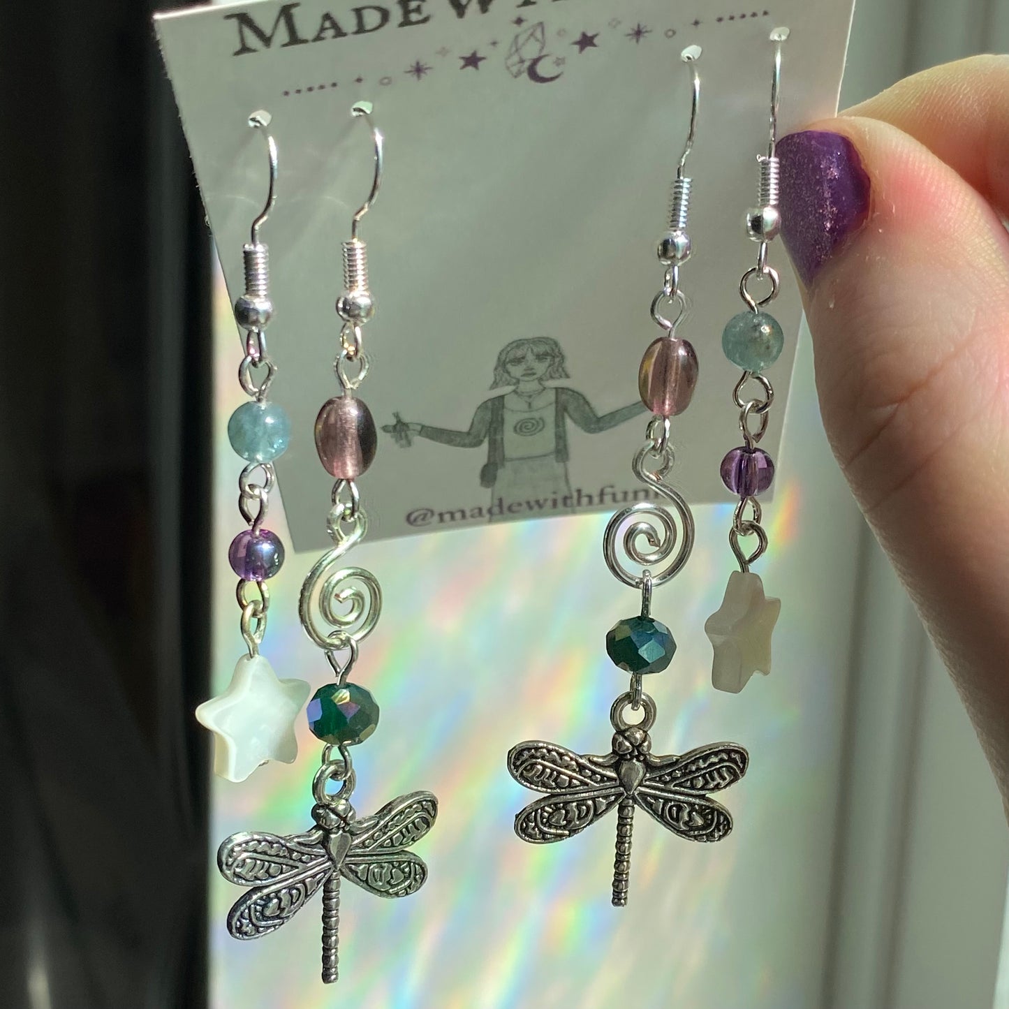 Purple And Green Swirly Dragonfly Star Earring Set