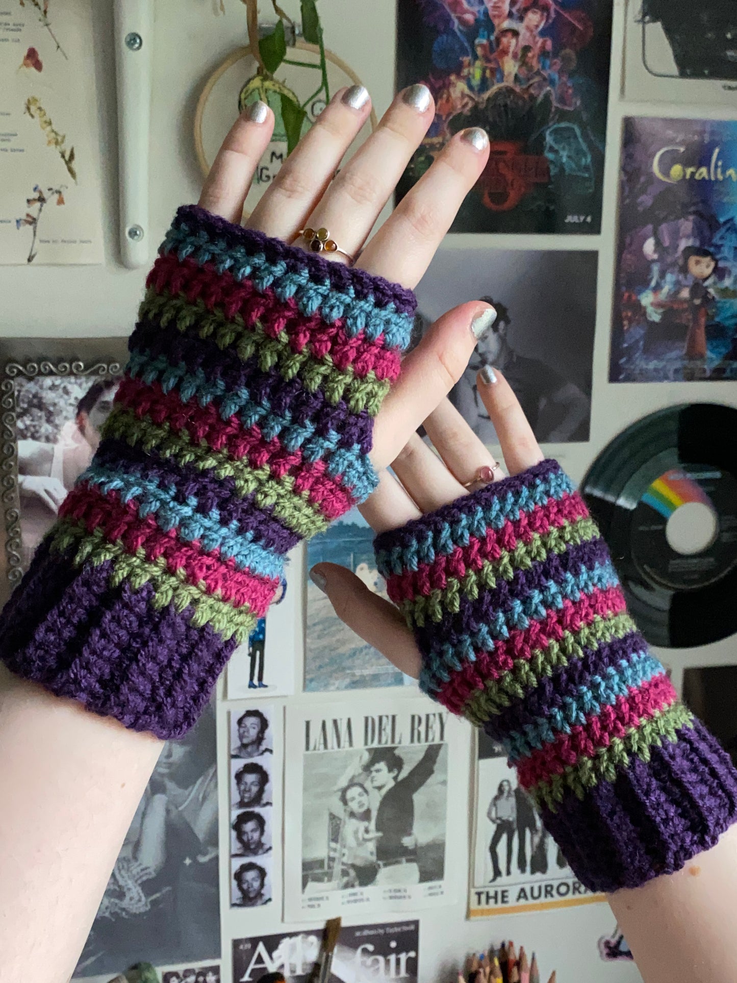 Multicolour Striped Crochet Fingerless Gloves