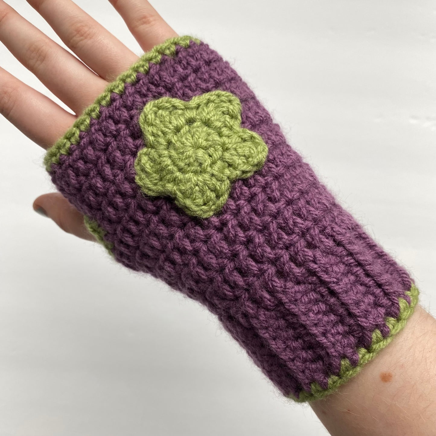 Purple + Green Flower Crochet Fingerless Gloves