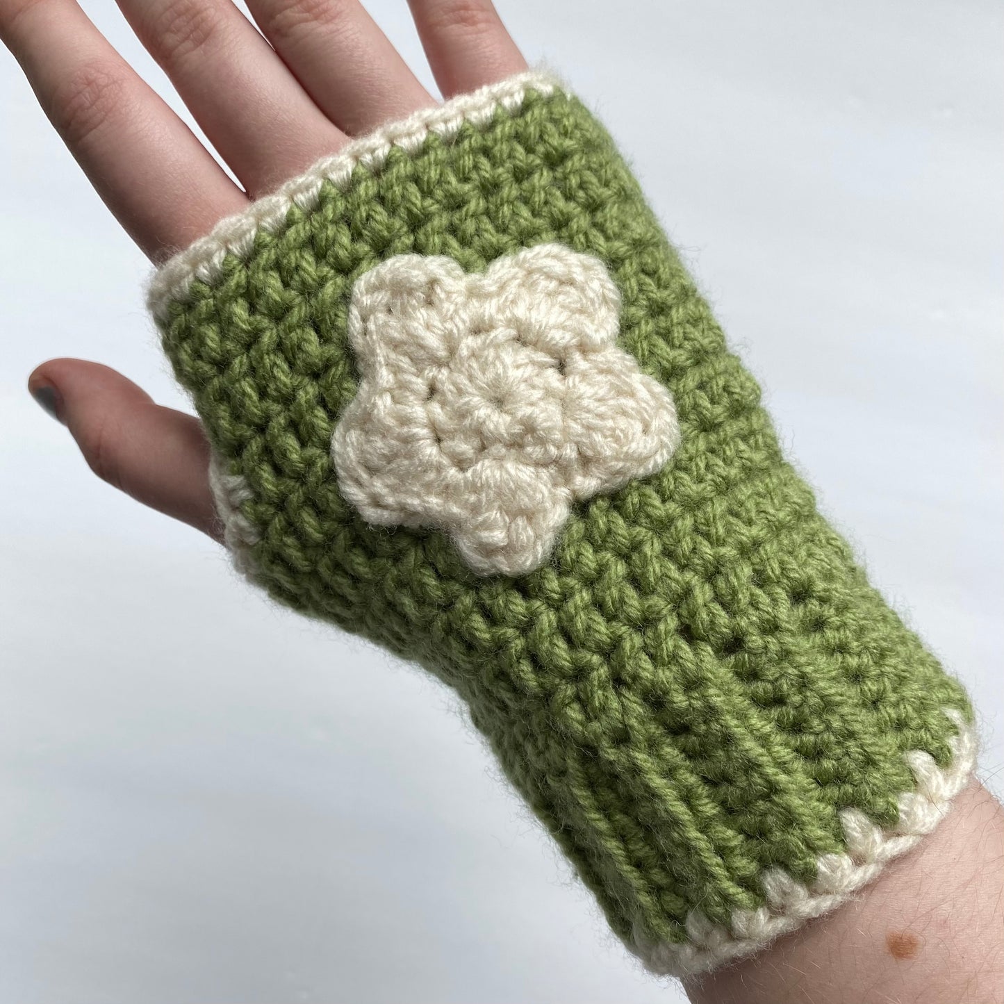 Green Flower Crochet Fingerless Gloves