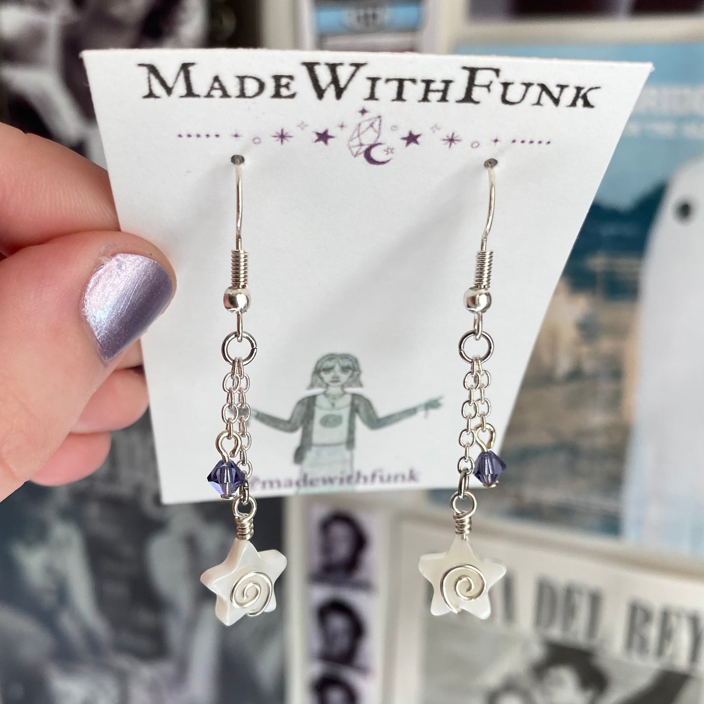 Purple Drop Chain Swirly Star Earrings