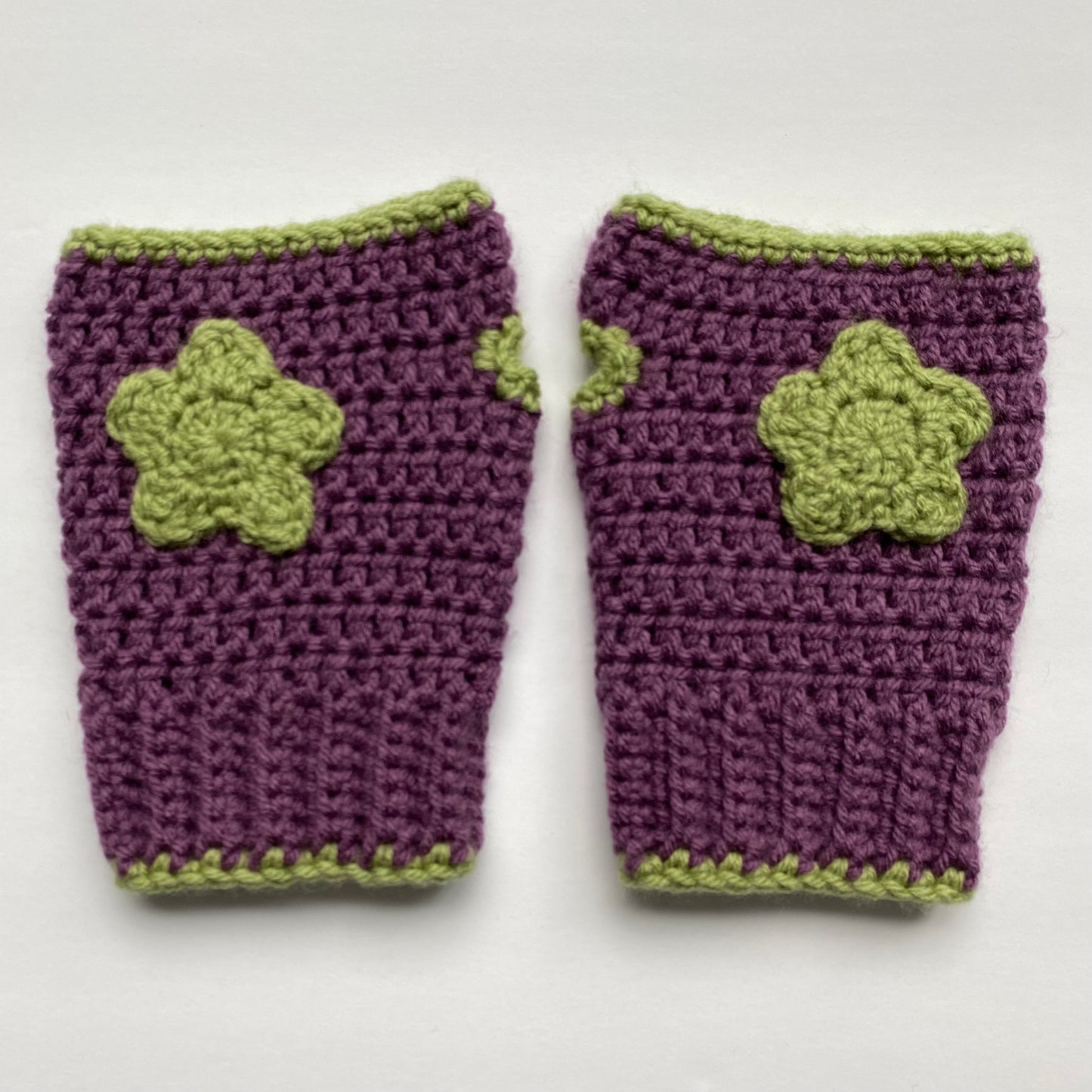 Purple + Green Flower Crochet Fingerless Gloves