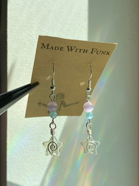 Pink/Blue Clear Iridescent Swirly Star Earrings