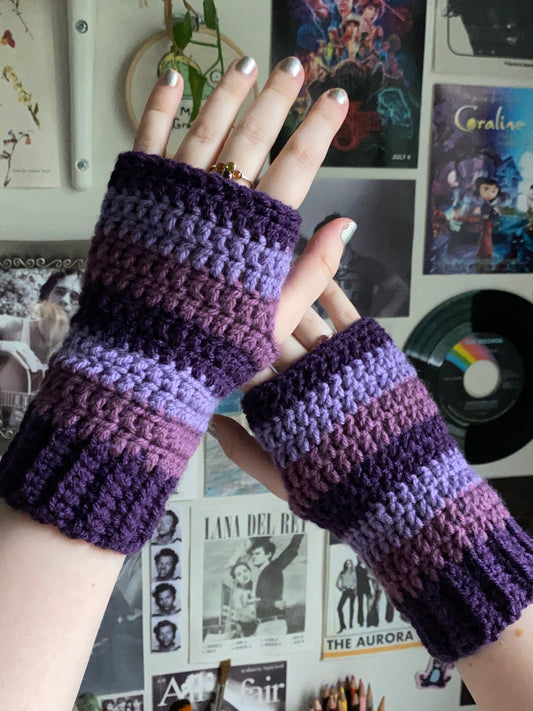 Purple Striped Crochet Fingerless Gloves