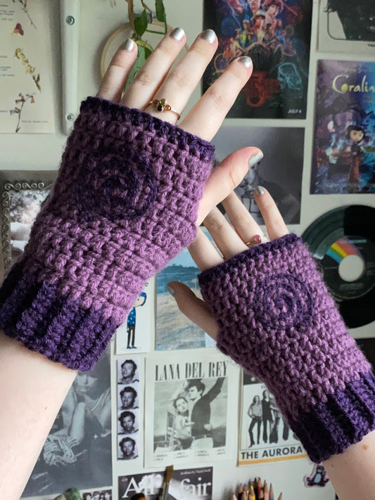 Purple Whimsy Swirl Crochet Fingerless Gloves