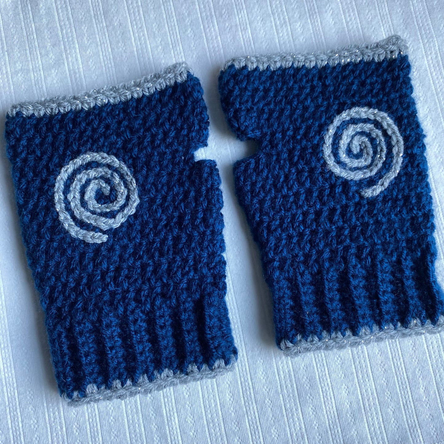 Blue and Silver Spiral Crochet Fingerless Gloves