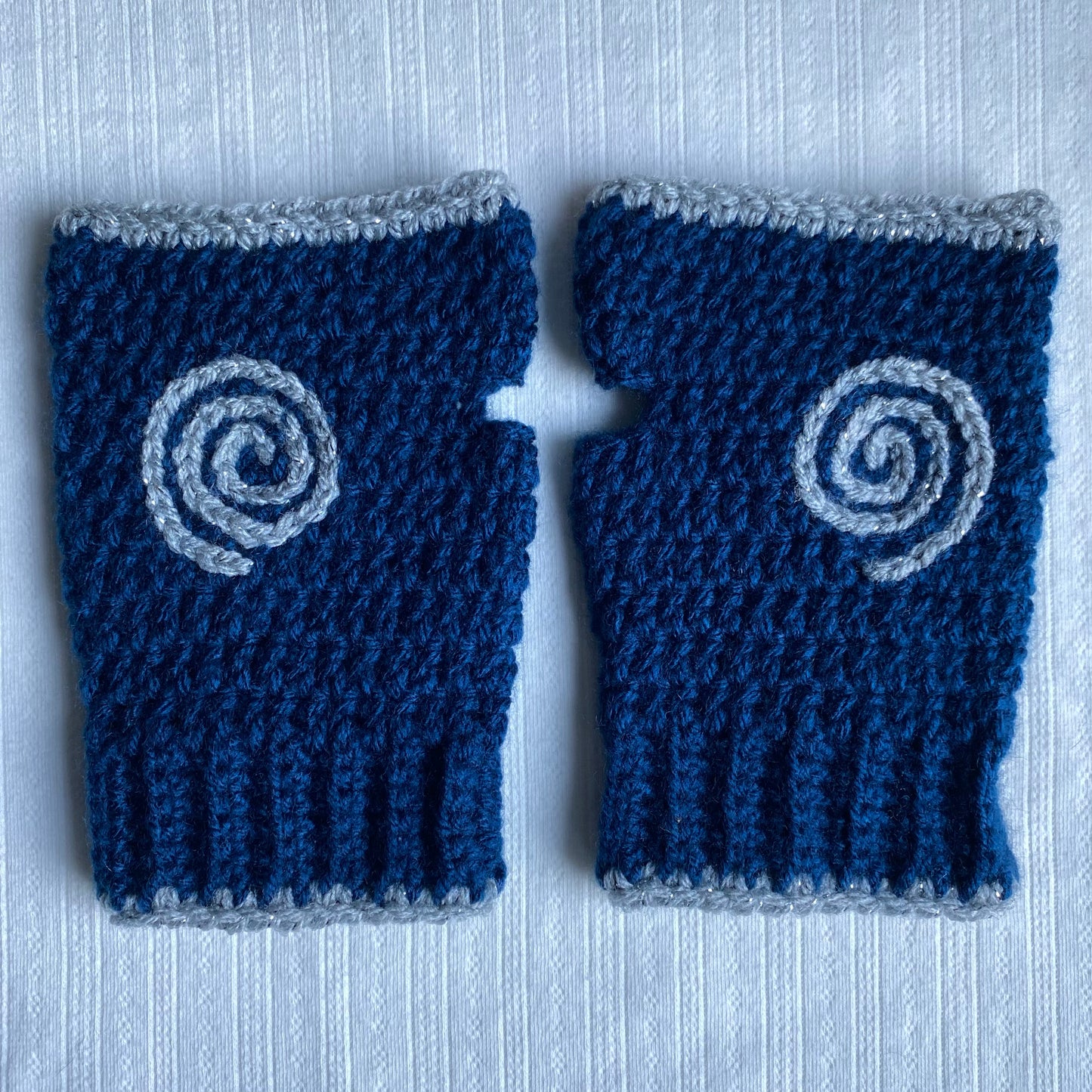 Blue and Silver Spiral Crochet Fingerless Gloves
