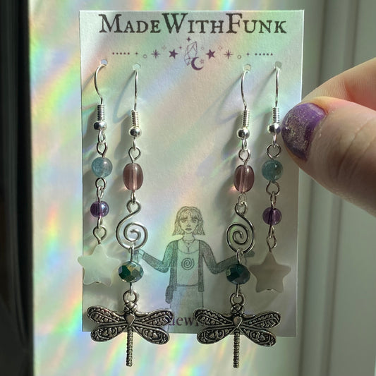Purple And Green Swirly Dragonfly Star Earring Set