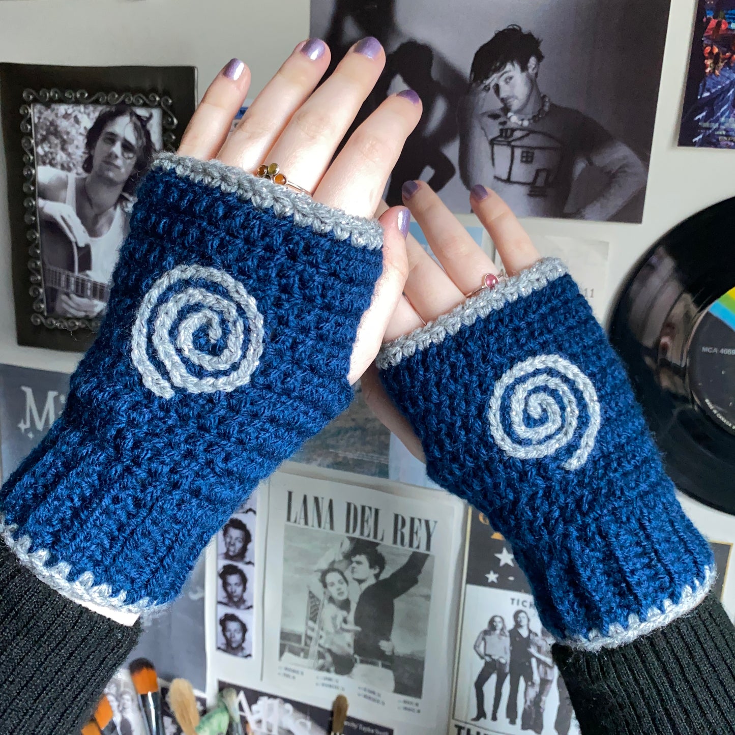 Blue and Silver Spiral Crochet Fingerless Gloves