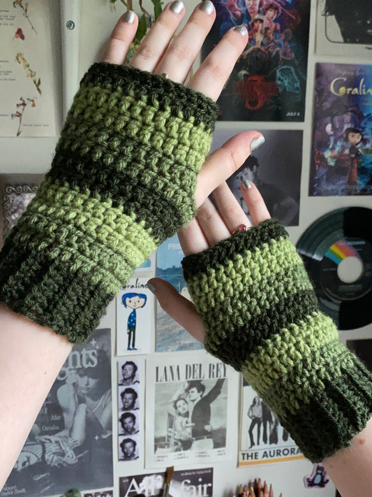 Green Striped Crochet Fingerless Gloves