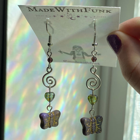 Swirly Purple Butterfly Earrings
