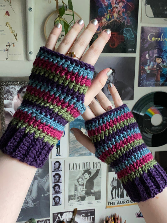 Multicolour Striped Crochet Fingerless Gloves