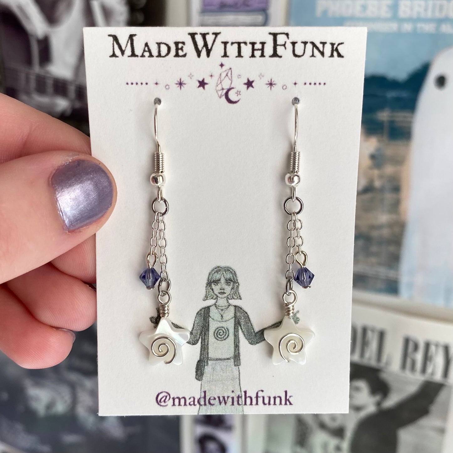 Purple Drop Chain Swirly Star Earrings